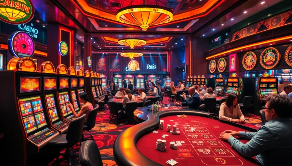 Exciting scene at NgonClub showcasing vibrant slots, poker tables, and casino activities.