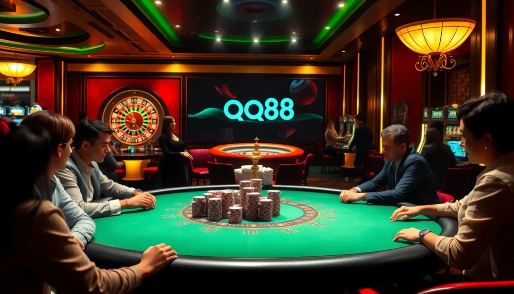 Showcase the thrilling atmosphere of a casino where players engage in poker while exploring qq88 đăng nhập for online betting opportunities.