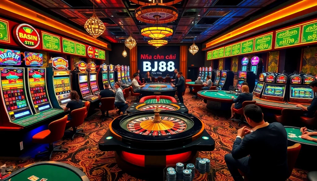 Players thriving at the vibrant Nhà cái BJ88 casino, showcasing intense roulette gameplay and lively poker action.
